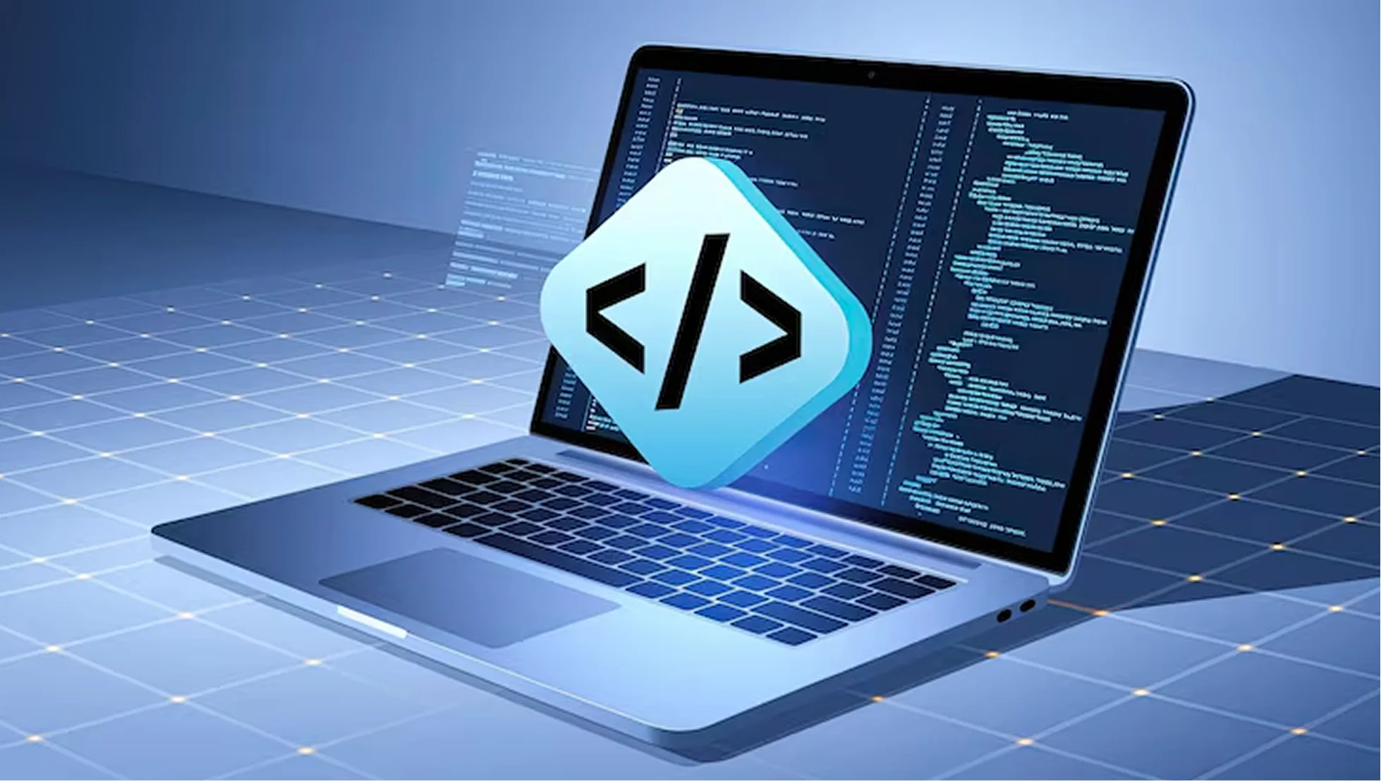 An illustration of a smartphone surrounded by floating icons, app interfaces, and code snippets representing mobile app development. The phone screen displays a variety of app icons, while digital elements like code lines and interface buttons are visualized around it, symbolizing app functionality and development. The futuristic design emphasizes the integration of technology and user interface design in mobile app development services.