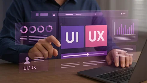 A person working on web development, sitting in front of two computer screens displaying lines of code. One person is pointing at the code on the screen, emphasizing a technical discussion or review. The scene highlights a collaborative environment in web app development, with a focus on quality assurance (QA) and coding practices. The background is softly lit, contributing to a modern, professional workspace atmosphere.