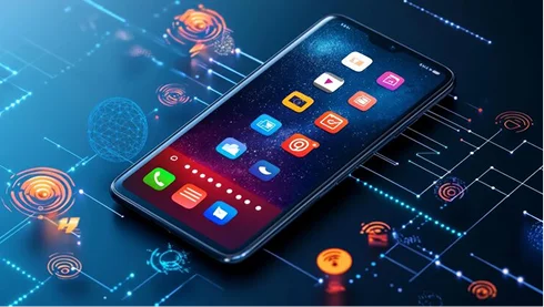 An illustration showcasing multiple devices, including a laptop, tablet, and mobile phone, all displaying various app interfaces and data visualizations. The devices are connected by glowing lines and illuminated digital elements, representing a cross-platform app development environment. The scene highlights the seamless integration and functionality of apps across different platforms, emphasizing innovation in the development of multi-device applications.