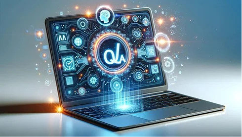 A professional in a suit holding a tablet with a digital hologram of a brain, symbolizing artificial intelligence (AI) development. The hologram features interconnected icons representing various AI technologies like machine learning, networking, and data analysis. The background shows a city skyline at night, highlighting the modern and tech-forward nature of AI development services, where technology meets innovation.